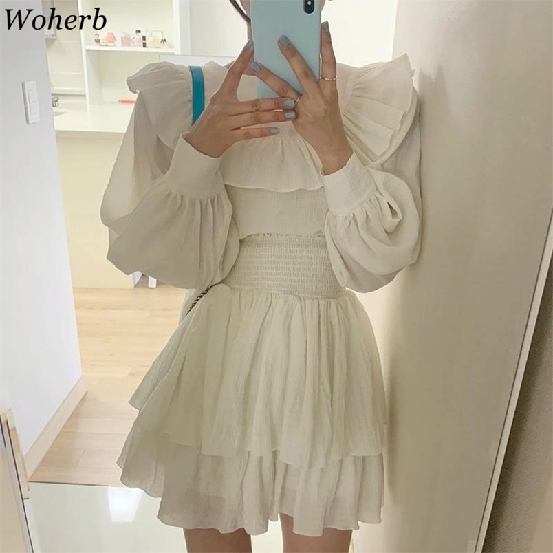 Korean Chic Elegant Skirts Two Pieces Set Long-sleeved Ruffled Shirt + High Waist Pleated Mini Skirt Female Outfits Suit 210519