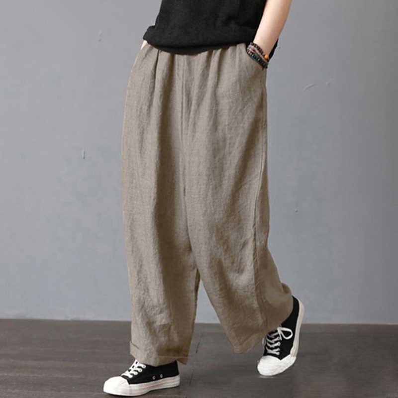 2021 New Harem Pant Hemp Bloomer new S-2XL Loose Women Trouser Cotton Linen Pleated Oversize Pockets Wide Leg Pant Q0801
