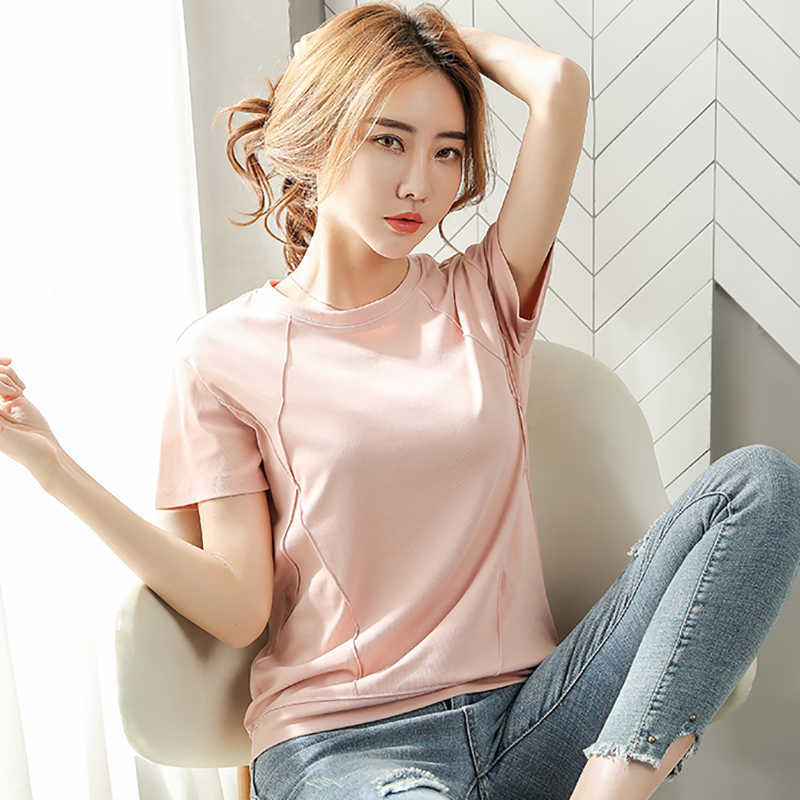 Cotton T Shirt Women Patchwork Korean Clothes Short Sleeve Summer Tops Vogue T- Female Plus Size Tee Femme 210615Z