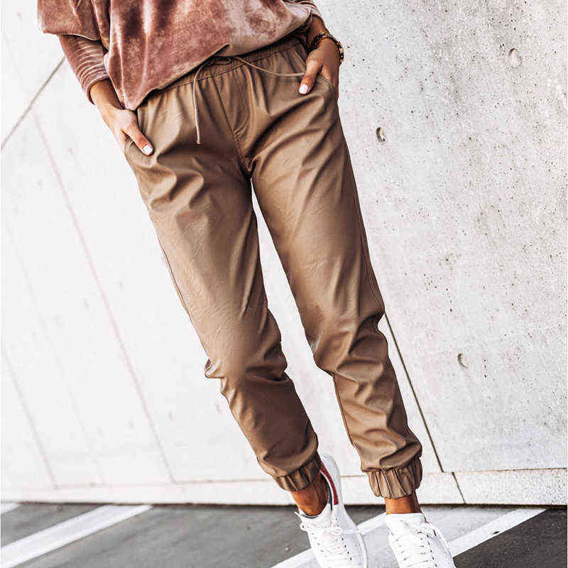 Women PU Leather Pants Fashion Street Lady Elastic Waist Pencil Autumn Drawstring Sweatpants Pockets Cool Trousers GV109 211115