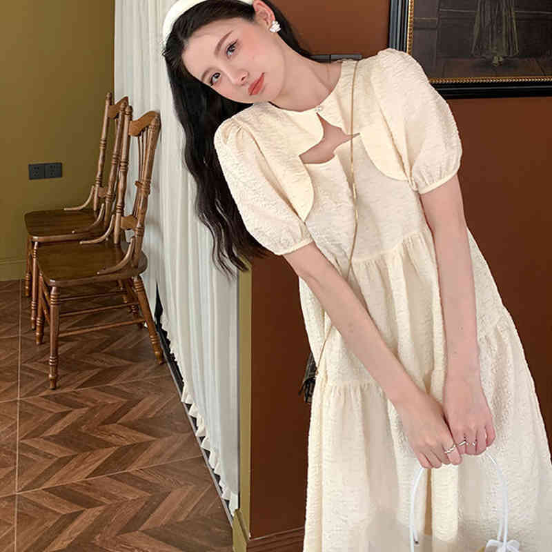 French Vintage Midi Dresses Women Casual Puff Sleeve Kawaii Elegant Dress Females Korean Fashion Evenng Dress Summer Chic 210521