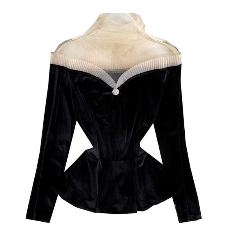 LY VAREY LIN Spring Autumn Women Mesh Patchwork Off Shoulder Black Party Blouse Ladies Tops Fashion Gothic Velvet Shirt 210526
