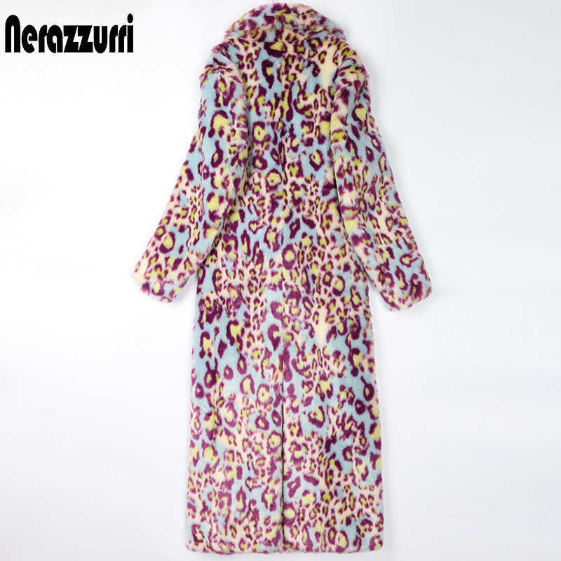 Nerazzurri Winter Leopard Long Colorful Soft Warm Thick Fluffy Furry Faux Fur Trench Coat for Women Runway European Fashion 210910