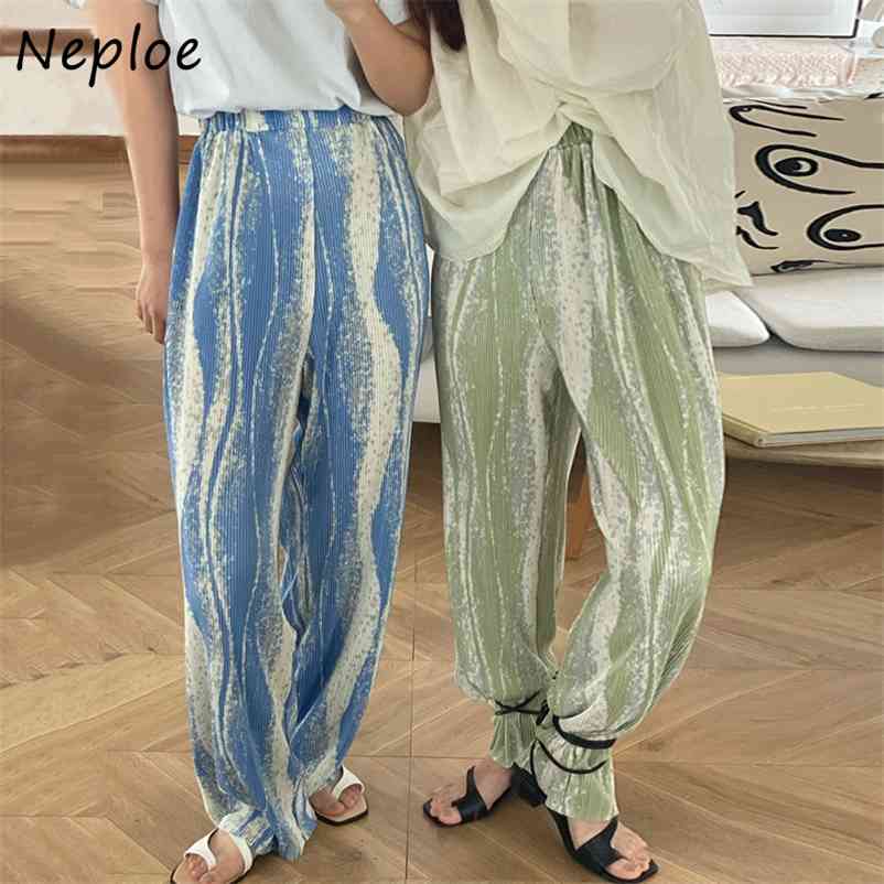 Nepoe High Waist Hip Straight Pants Women Fashion Striped Print All Match Pantalones Spring Summer Outwear Trousers 210422