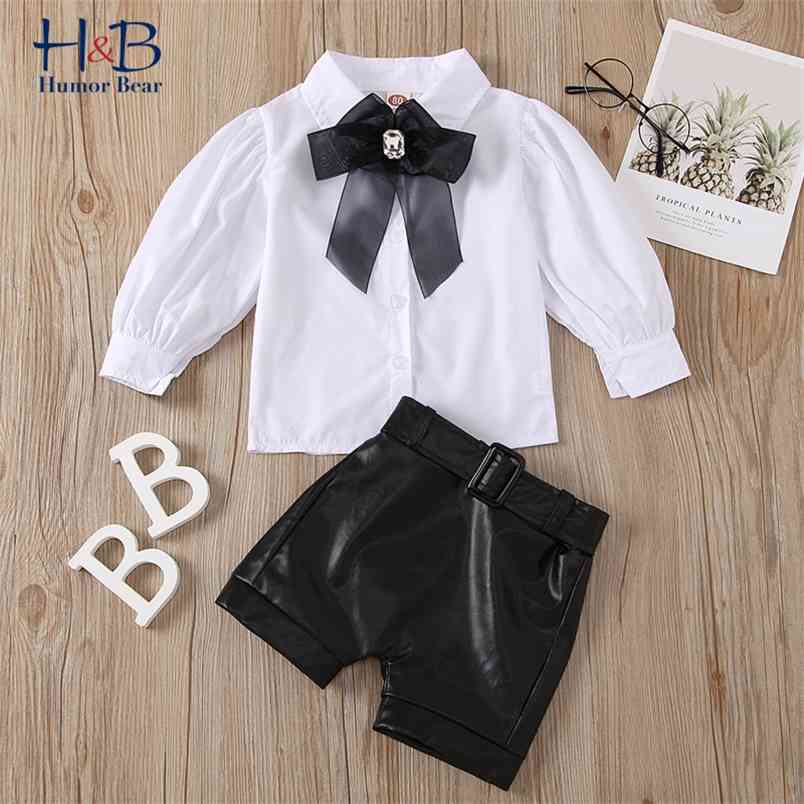 Girls Clothes Set Spring Summer Kids Fashion Puff Sleeve White Shirt + Leather Pants Free Bowknot and Belt 210611, Bd544 white 
Girls Clothes Set Spring Summer Kids Fashion Puff Sleeve White Shirt + Leather Pants Free Bowknot and Belt 210611, Bd544 white