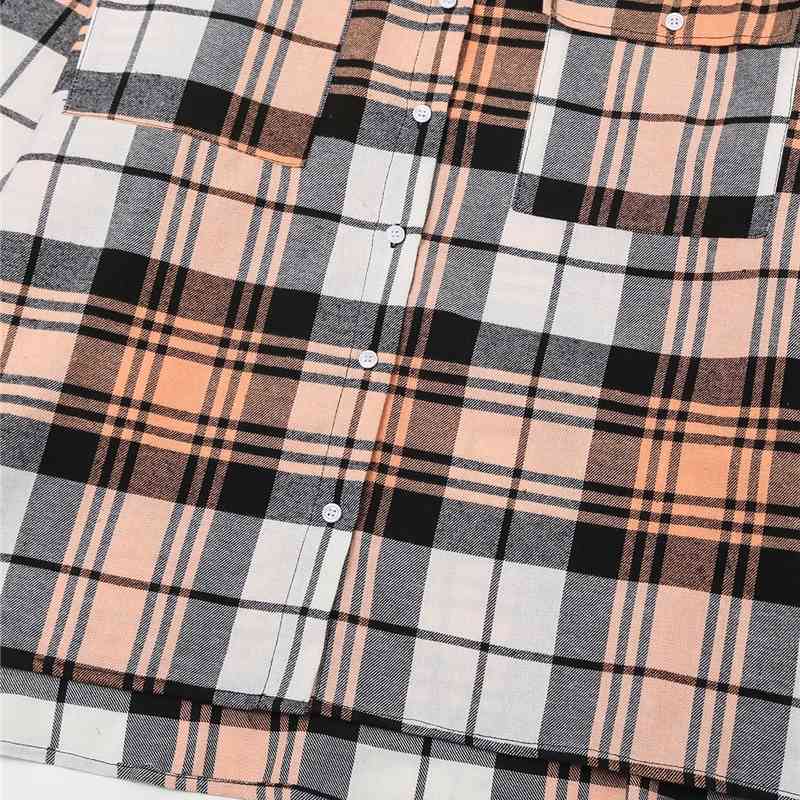 Streetwear Women Plaid Shirts Fashion Ladies Turn Down Collar Tops Causal Female Chic Pocket Cotton 100% Blouses 210430