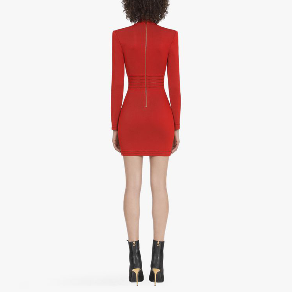 Autumn Women Red V Neck Long Sleeve Dress Sexy Buttons Mini Fashion Club Celebrity Evening Runway Party Dresses 210423