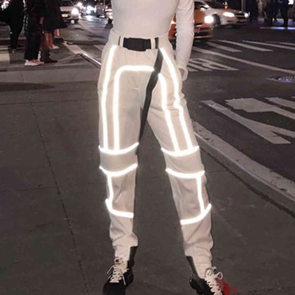 Women Autumn Reflective Cargo Pants Harms Black Sweatpants Trousers Ladies Wild Belt Decoration 210428