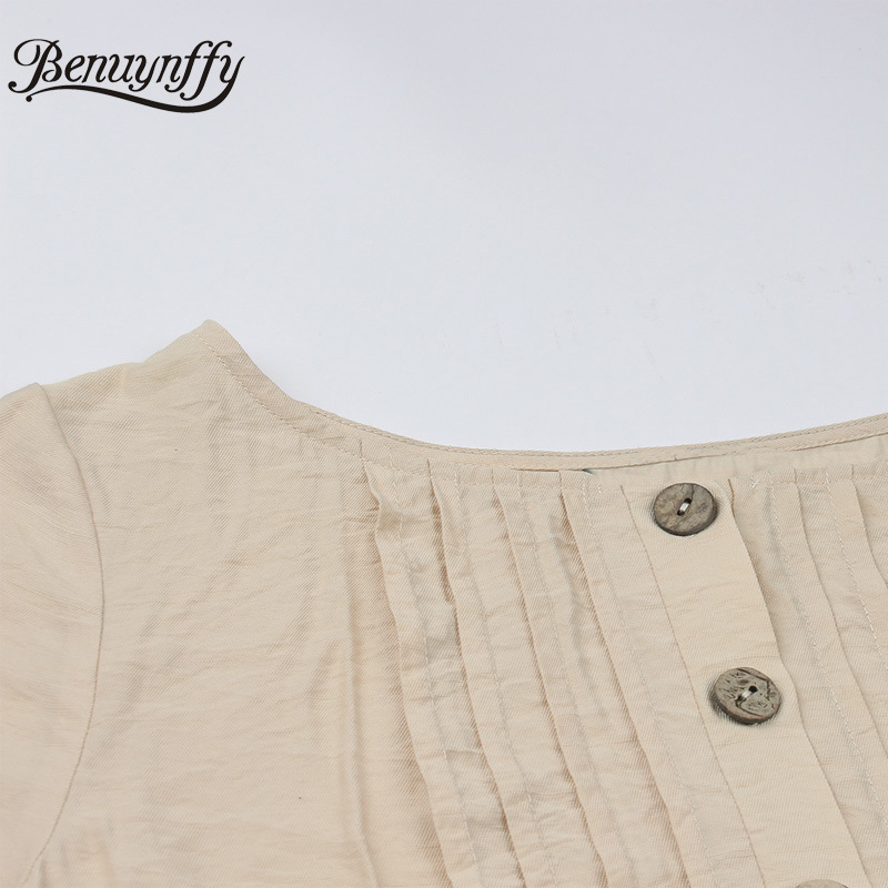 O-Neck Solid Button Women Summer Dresses Short Sleeve Cotton Ruffle Hem Korean Female Casual Smock 210510