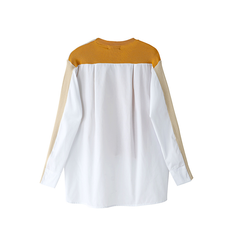Nomikuma Spring Knitted Hit Color Patchwork Women Blouse Coat Long Sleeve V-beck Blusas Femme New Oversized Shirt 6F424 210427