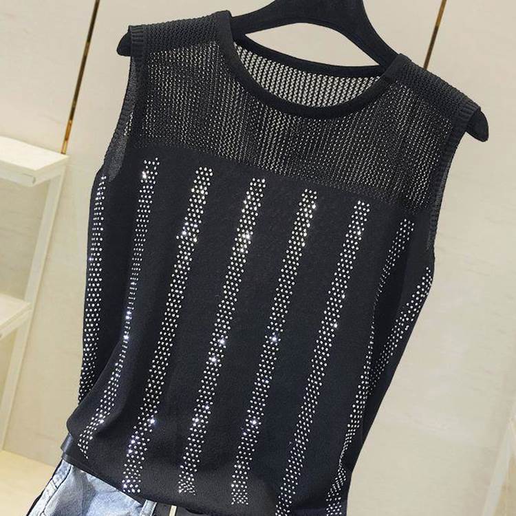 Summer Ice Silk Thin Knitted Vest Women Casual Tank Top Modis Sequined Beading Hollow Out Mesh Shirt Femme 210519