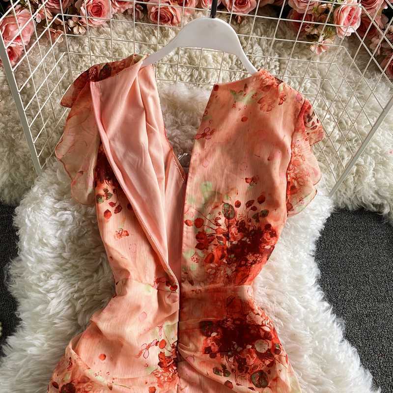 Vintage V-Neck Printed Chiffon Drawstring Mermaid Midi Dress Women Elegant High Waist Ruffle Vestidos Fashion Spring Summer 210630