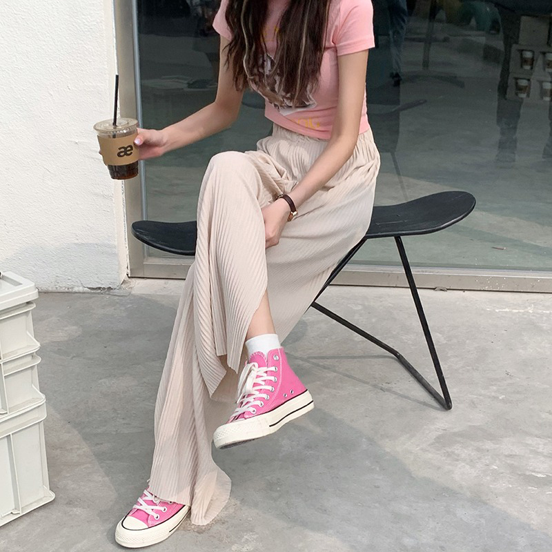 Pants & Capris Thin Summer High Waist Black Drawstring Elastic Split Wide Leg Pant Women Pleated Wild Loose Pantalones 210429