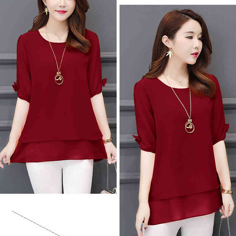 Korean Style Summer Short Sleeve Blouse Women Casual Plus Size L-5XL Chiffon Shirts for Red and Tops 3726 50 210508