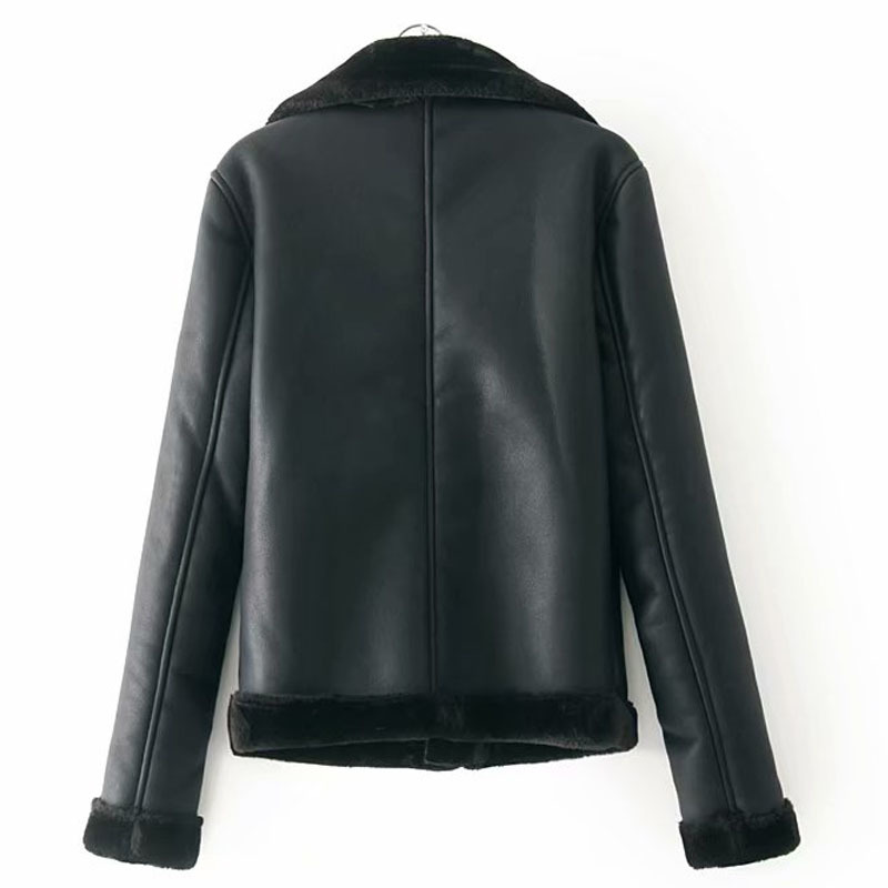 PU Warm Fur Long Sleeve Lapel Thickening Motorcycle Women's Jacket Winter Belt Chic Zipper Black Female Coat Green Tops 210507