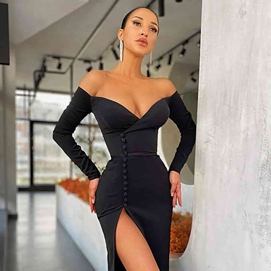 Spring Women Off Shoulder Black Long Sleeve Wrap Bandage Dress Sexy V Neck Midi Club Evening Party Ladies Dresses 210423