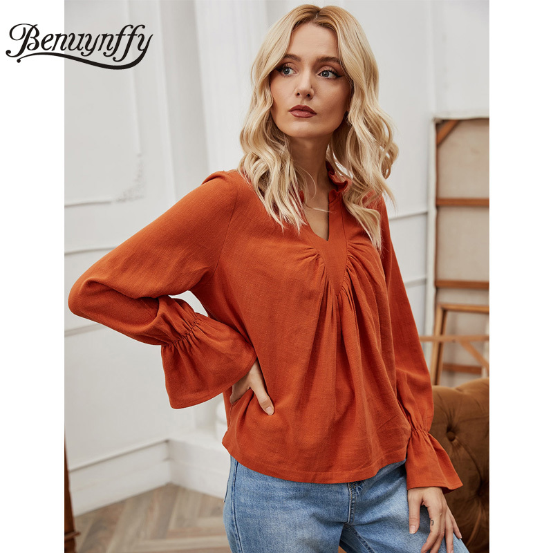 Frill Neck Pleat Front Cotton Linen Blouse Women Spring Flounce Long Sleeve Solid Casual Ladies Tops And Blouses 210510