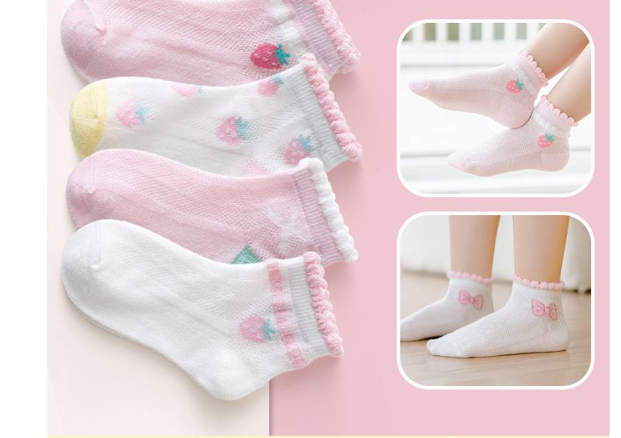 Children's strawberry short lace baby socks girls solid color curly sock thin section sweat-absorbent breathable spring and autumn princess Korea