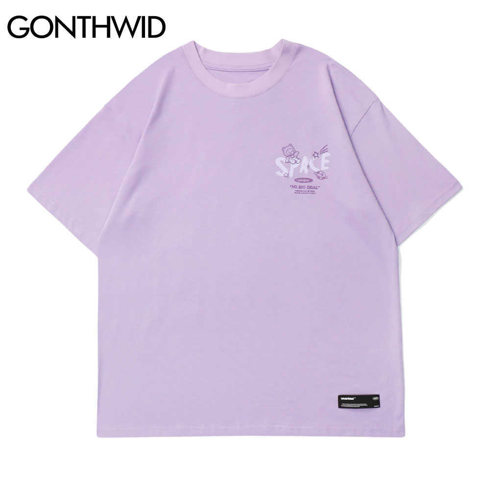 GONTHWID Harajuku Tshirts Cartoon Bear Rabbit Space Short Sleeve Tees Shirts Streetwear Hip Hop Fashion Casual Cotton Loose Tops 210726