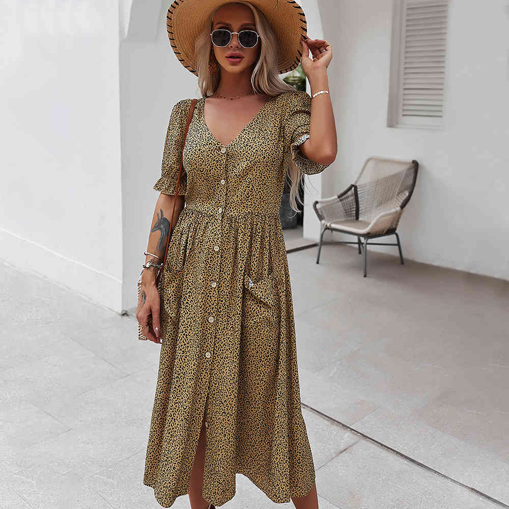 Elegent women summer dress Cotton And Viscose A-Line V-Neck Buttons Printing female Ankle-Length Dress 210524