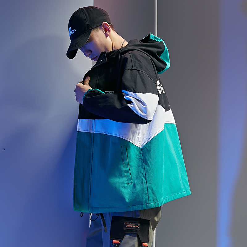 Autumn Oversize Hooded Jacketet Men Printed Multicolor Splicing Ribbon Personally Fashion Windbreaker Coat Men Clothing