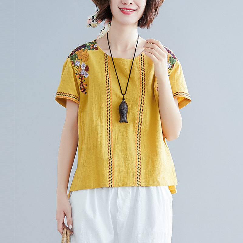 Summer Women T Shirt Plus Size Cotton Linen Flower Embroidery O-neck Loose Vintage Tee Femme Tops 5 colour L8119 210512