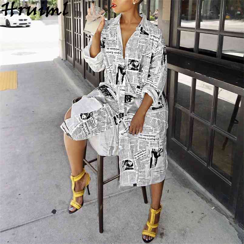 Fashion spaper Print Dresses Women Autumn Long Sleeve Oversize Ladies Maxi Casual High Street Chic Plus Size 210513