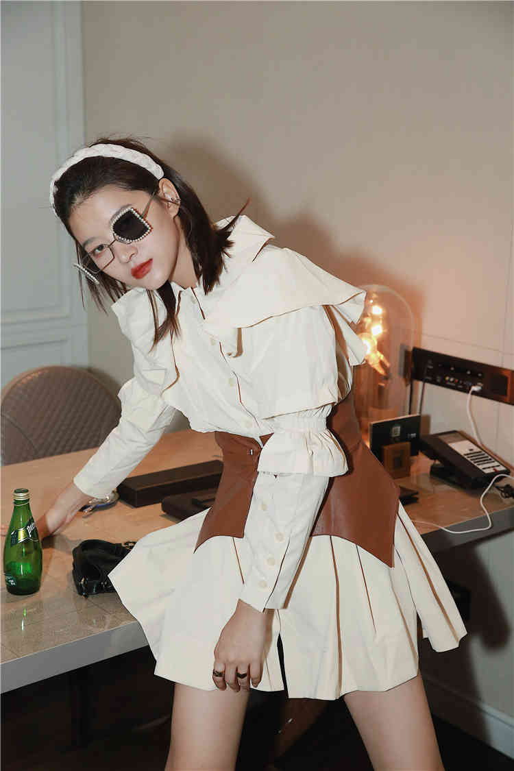 Autumn Ruffle Long Sleeve Shirt Dress Women Beige Button Up Collar Mini Tunic Puff Fashion 210427