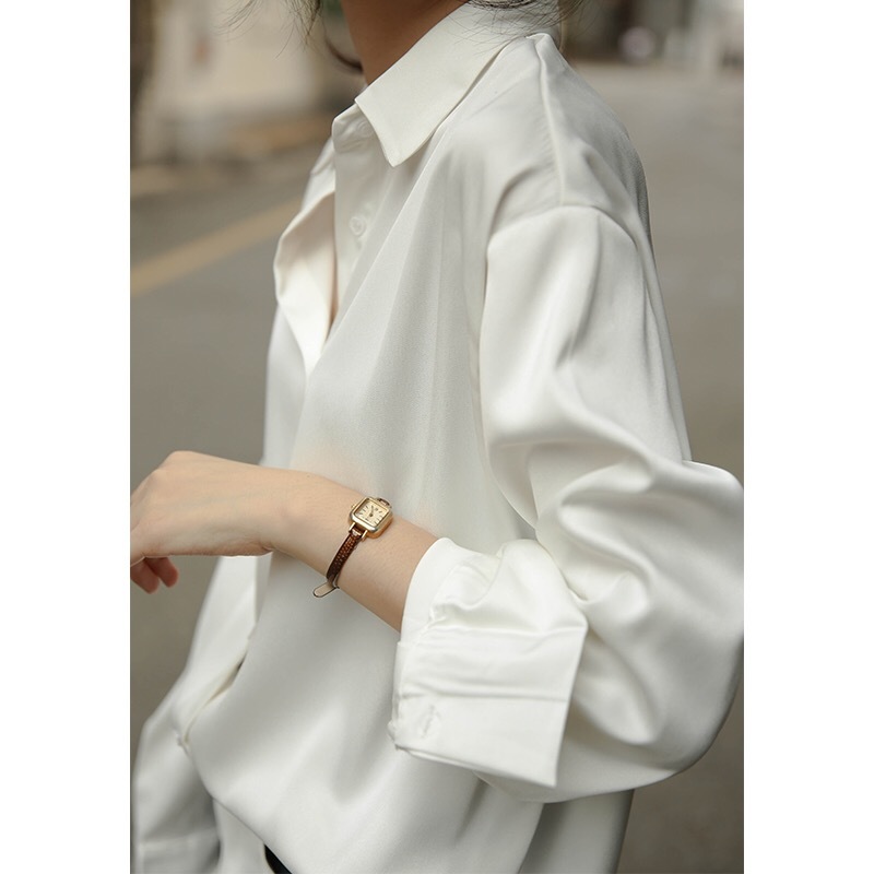 Spring Simple Casual Shirt Top Female Solid Loose Long Grey Satin Blouse White Office Lady Women Sleeve Streetwear 210421