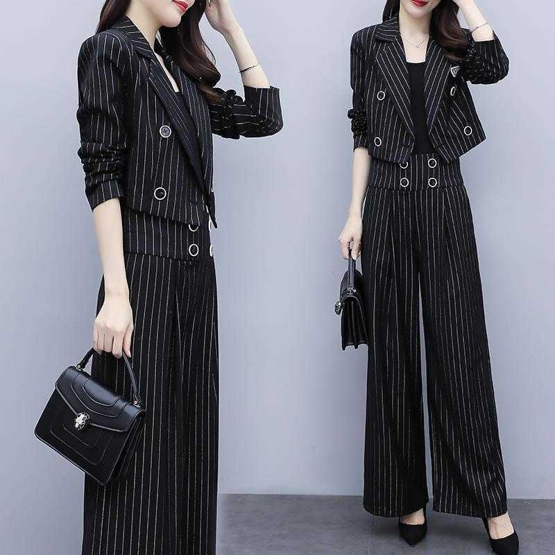 Fashion Vintage Casual Blazer Women's Office Slim Jacket Stripe High Waist Wide Leg Pants Suit 2 Piece Sets Female harajuku 210930