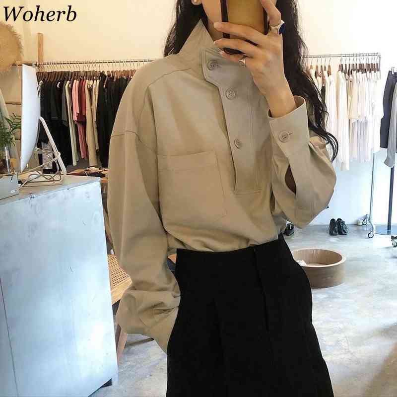 Korean Tops Stand Collar Solid Blusas Mujer Spring Summer Office Lady Elegant Loose Blouses All Match Casual Shirts 210519