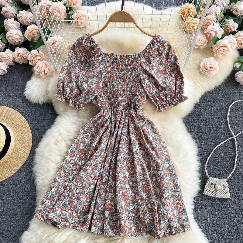 DEAT Women Printing Ruffles Pleated Dress Square Collar Short Sleeve Arrivals Lady Sexy Fashion Spring Summer 11D572 210709