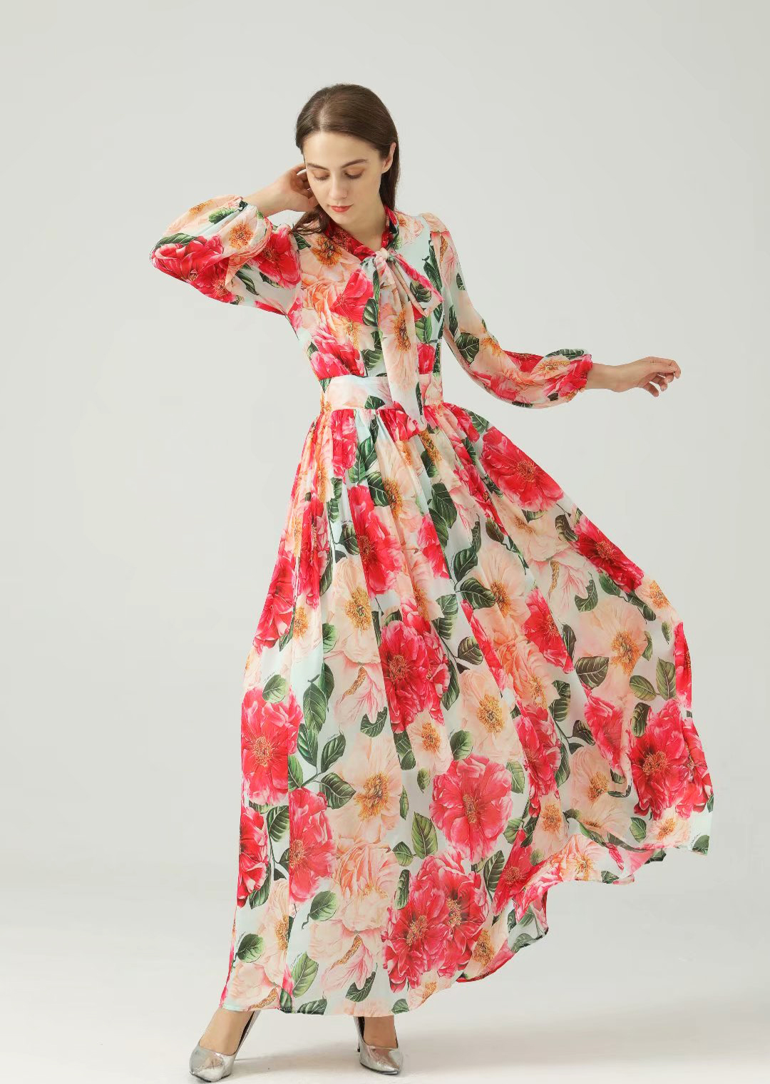 Women's Runway Dresses Lace Up Bow Collar Long Sleeves Floral Printed Elegant Maxi Dress Party Prom