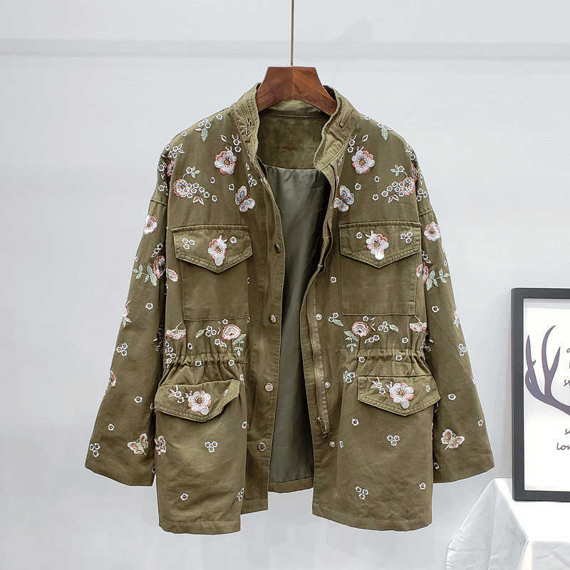 Autumn Streetwear Fashion Embroidery Flowers Beading Trench Coat Women Mid Long Tooling Drawstring Black Windbreaker Female 210914