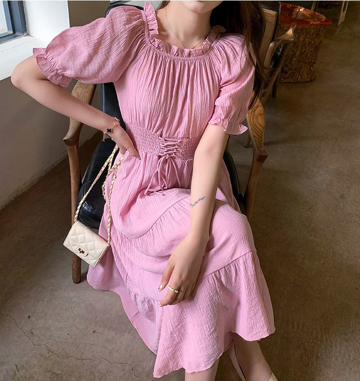 French Women Summer Midi Beach Dress Fashion Sweet Puff Sleeve High Waist Lace Up Elegant Solid Woman Dresses Female 210519