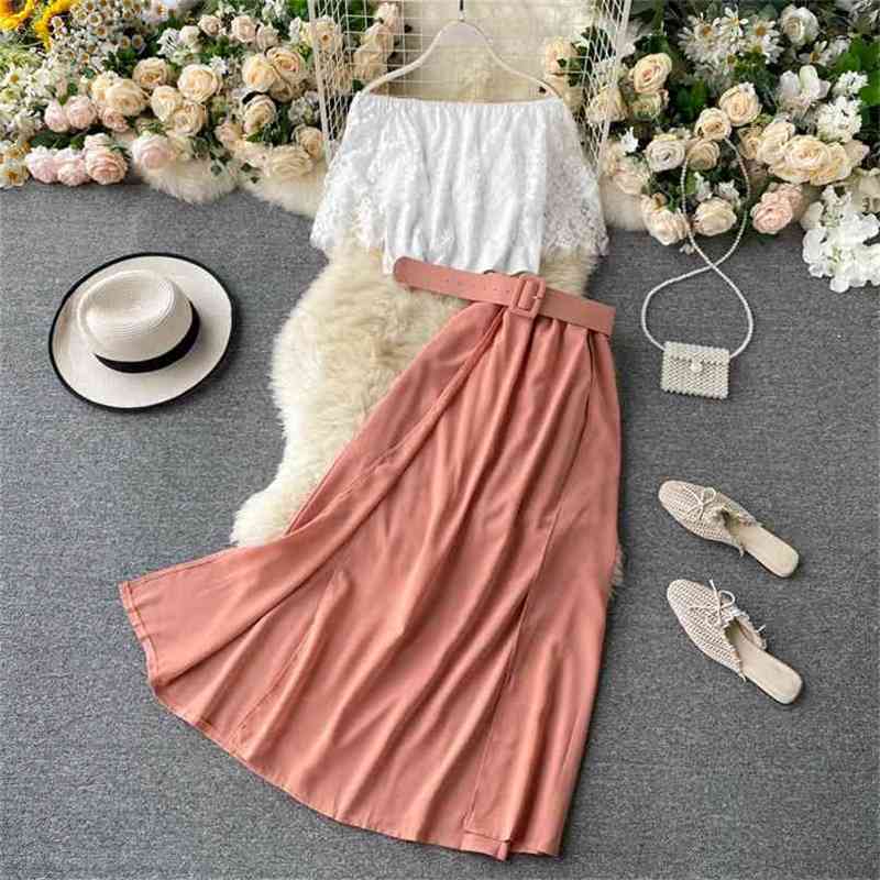 Women Beach Two Piece Sets Summer Sexy Off Shoulder Lace Patchwork Blouse Top And With Belt Skirts Outfit Ladies Elegant Suits 210525
Women Beach Two Piece Sets Summer Sexy Off Shoulder Lace Patchwork Blouse Top And With Belt Skirts Outfit Ladies Elegant Suits 210525