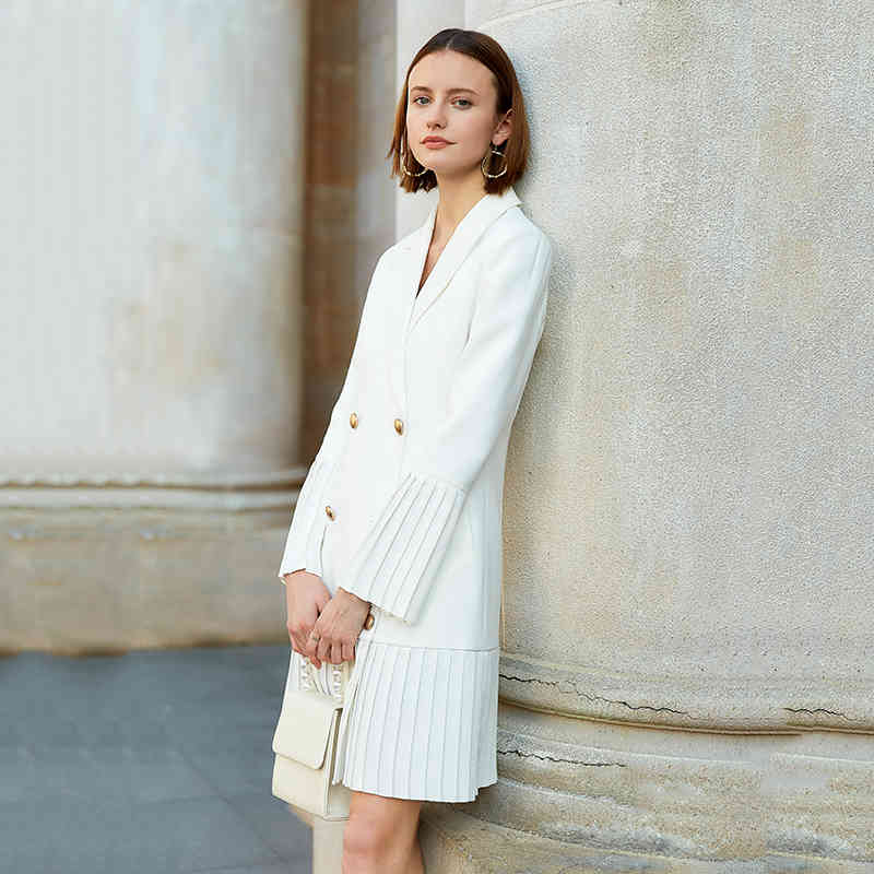 [EAM] Women White Double Breasted Pleated Suit Dress Notched Long Sleeve Loose Fit Fashion Spring Autumn 1S071 21512