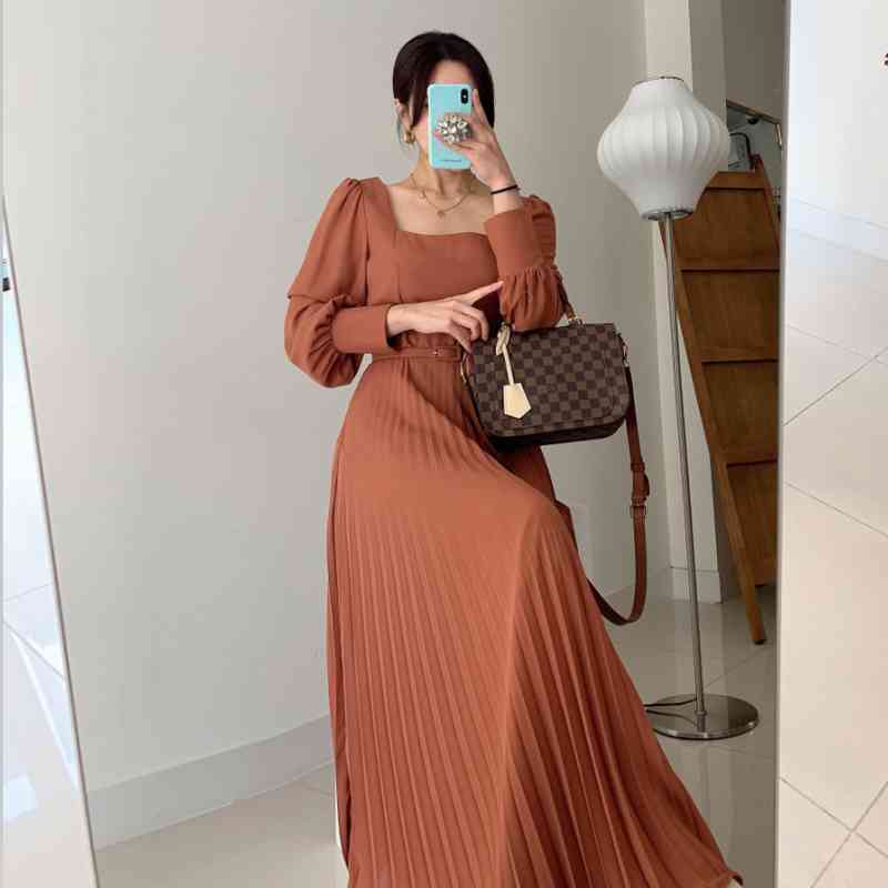 Korea Foreign Style Elegant Thin Square Collar High Waist Women Dress Solid Color Commute Length Pleated with Belt 12801 210427