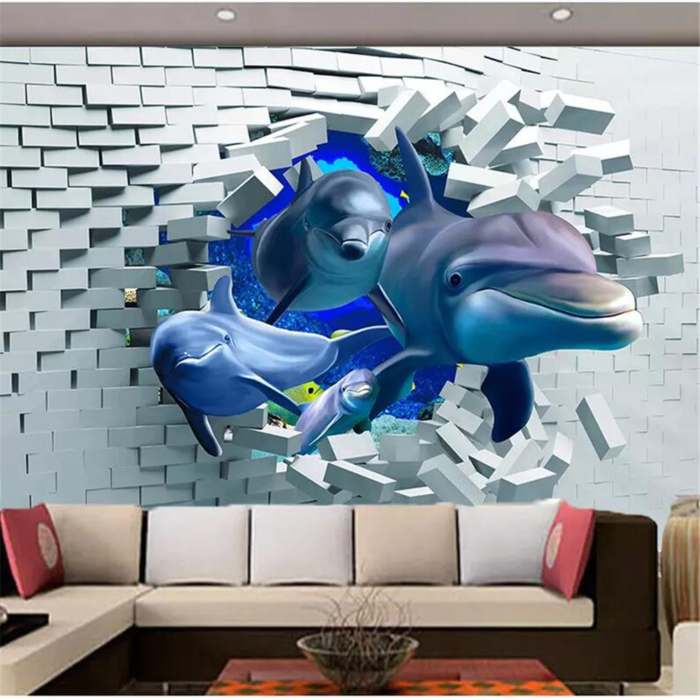 3D brick wall broken wall deep-sea animal dolphin three-dimensional living room wall custom large mural wallpaper