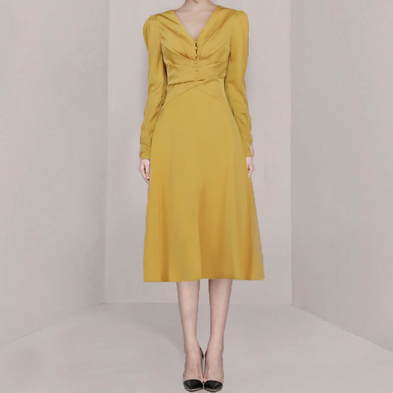 High Quality Runway Women Party Dress Autumn Yellow Long Sleeve Bodycon Midi Elegant V Neck Slim Button Vestidos 210519