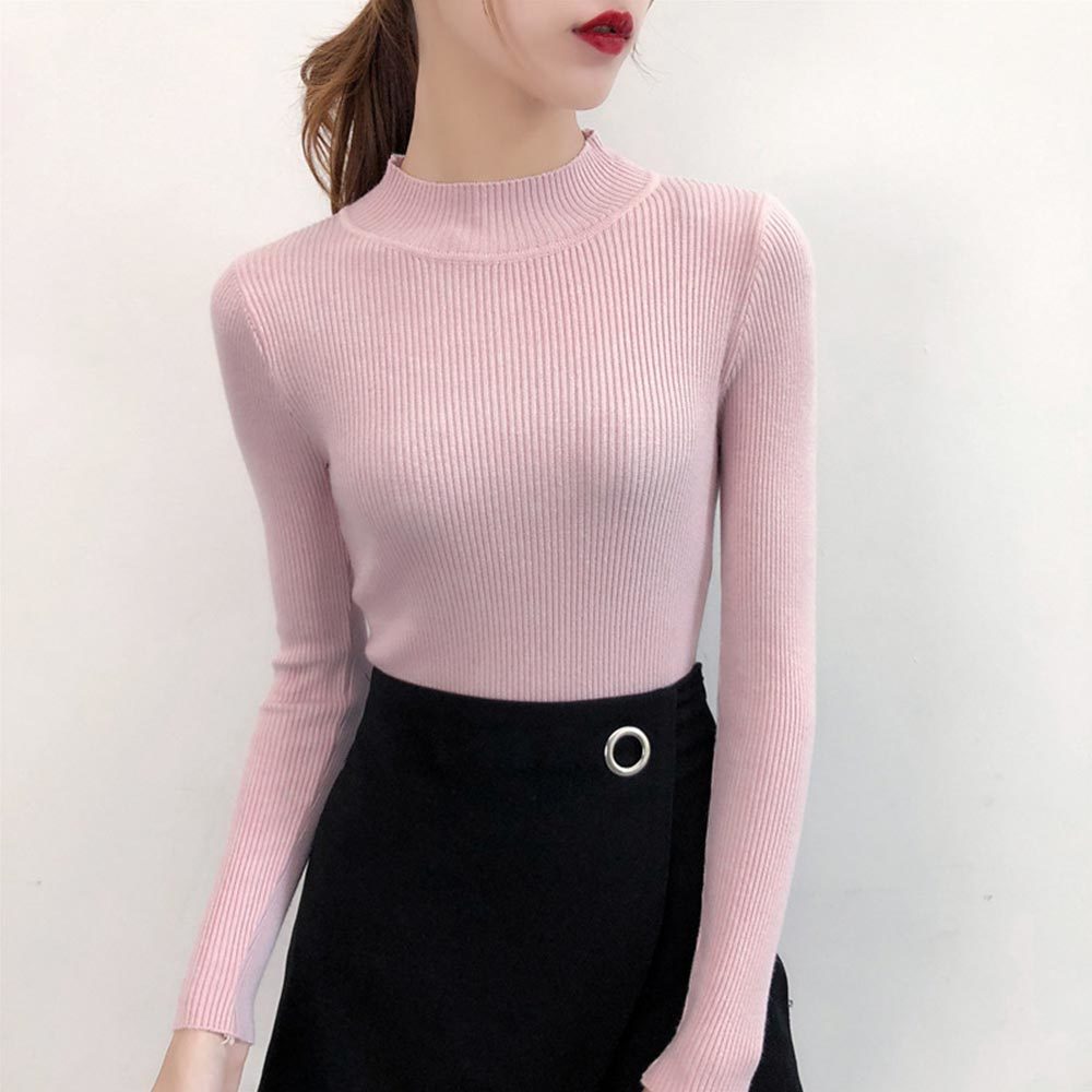Women Autumn Winter Korean Slim Knitted Sweater Causal Solid Turtleneck High Elastic Soft Pullover Jumpers 210428