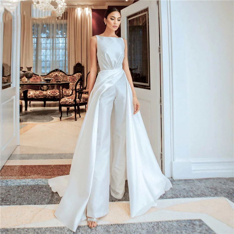 Satin jumpsuit Wedding Dresses Bridal Gowns 2021 with Overskirt Bride Reception Beach Garden Women Pant Suits Vestido De Noiva