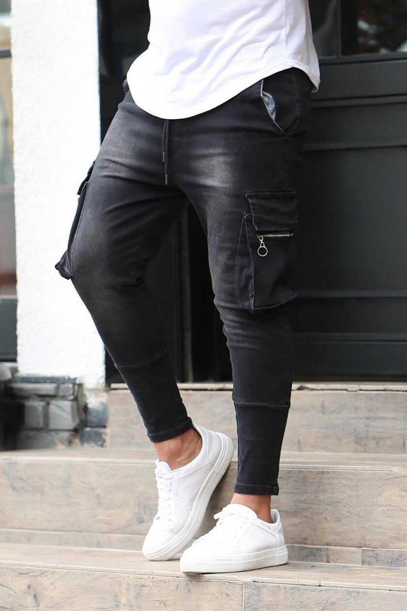 New Style Men's Slim Jeans Zipper Multi-pocket Pencil Pants Jeans Black and Blue High Quality Jogger Brand Elastic Force Jeans X0621