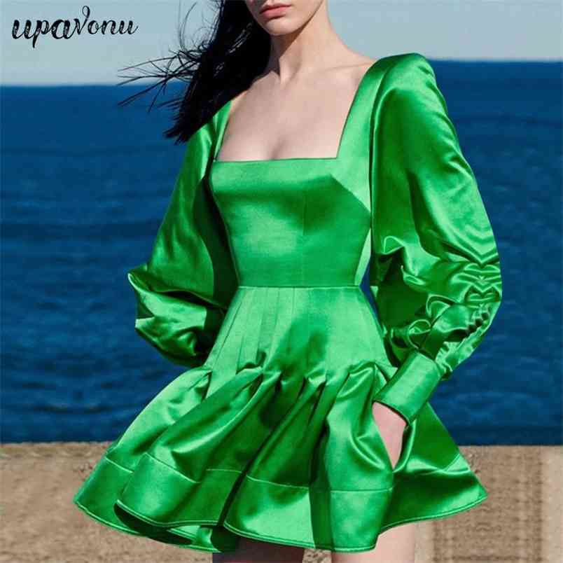 Free Chic Women's Green Mini Dress Sexy Square Neck Puff Sleeve Bodycon Draped A-line Club Party Vestido 210524