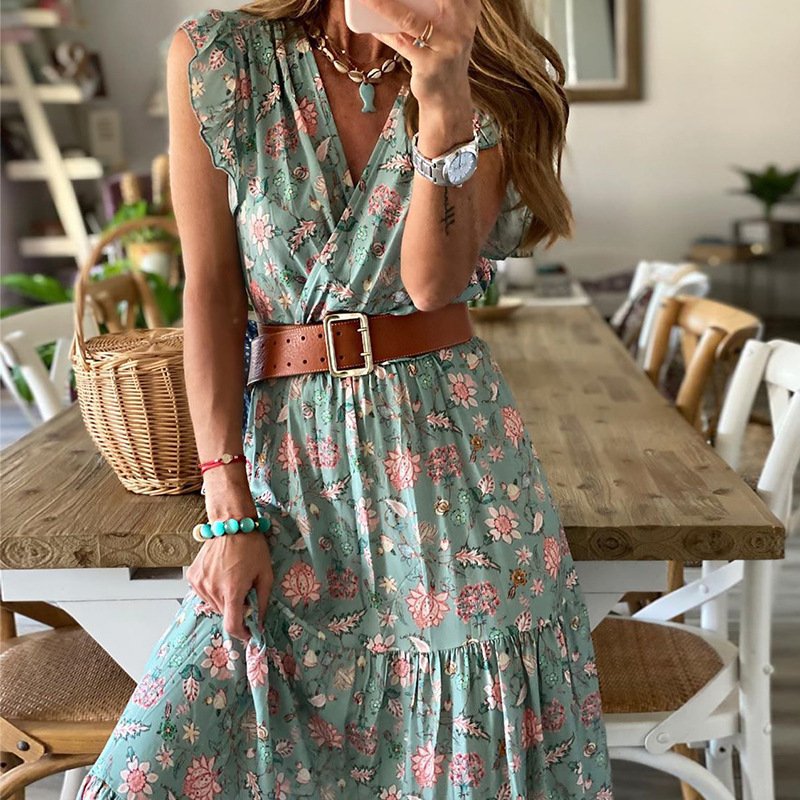 Women Dress Ruffles V-neck Sleeveless Bohemian Dresses For Plus Size Sexy Long Beach Fashion 210524