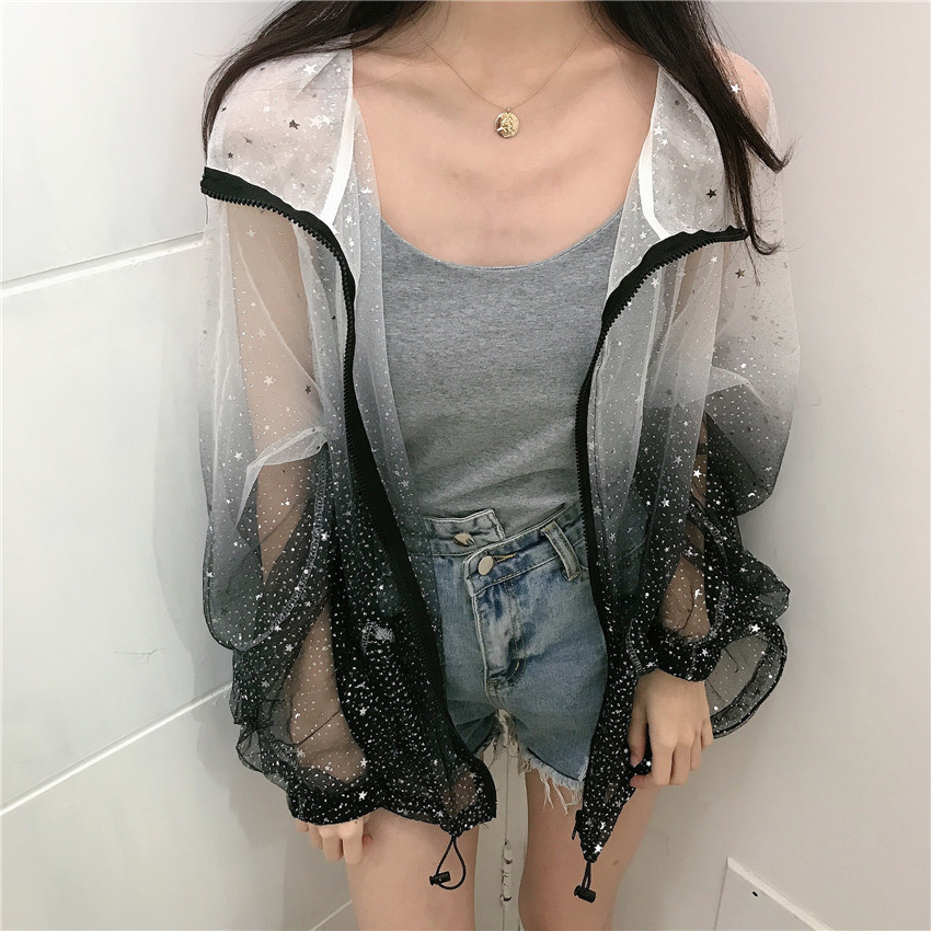 Transparente Sequin Summer Cardigan Blouse Jacket Women Gradient Star Print See Through Loose Korean 210427