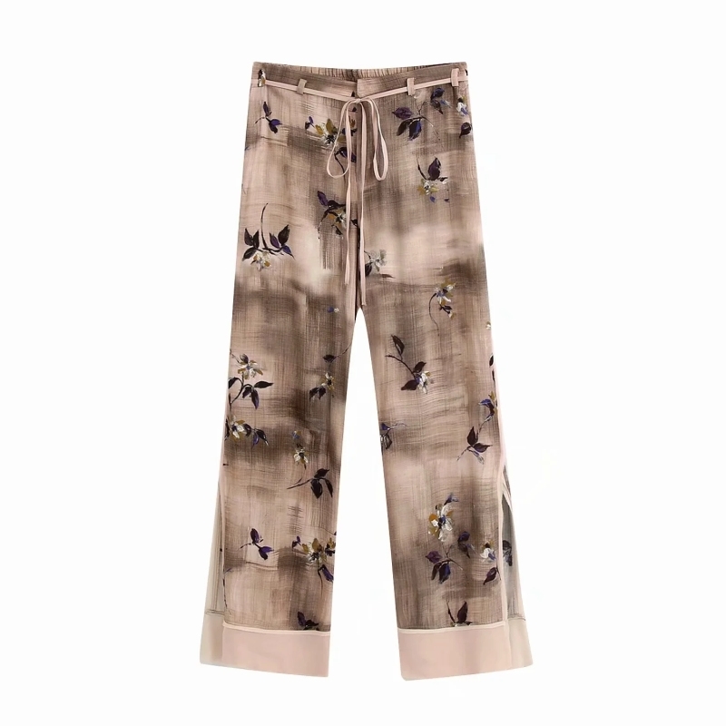 vintage women floral straight long pants fashion ladies elegant boho trouser casual female loose split pant girls chic 210430