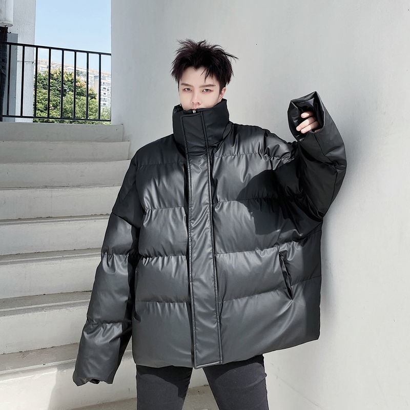 IEFB Winter PU leather back folded cotton padded jackets for men loose stand collar oversized clothes black coat 9Y4434 210524