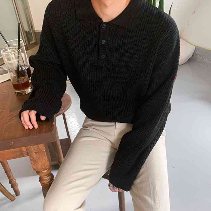 IEFB Korean Fashion Polo Collar Sweater Men's Autumn And Winter Thickened Loose Kintted Pullover Loose Black Tops Male 9Y5946 210524