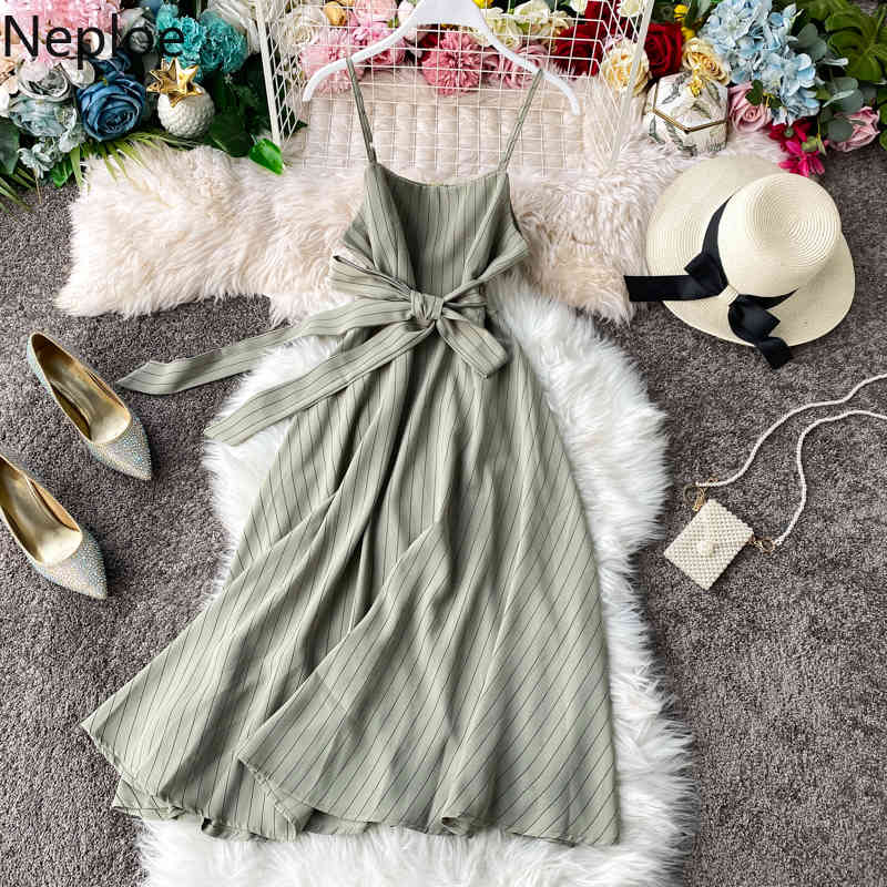 Summer Holiday Beach Sleeveless Camis Dress High Waist Hip Striped A Line Vestido Slim Lace Up Bow Ropa 210422